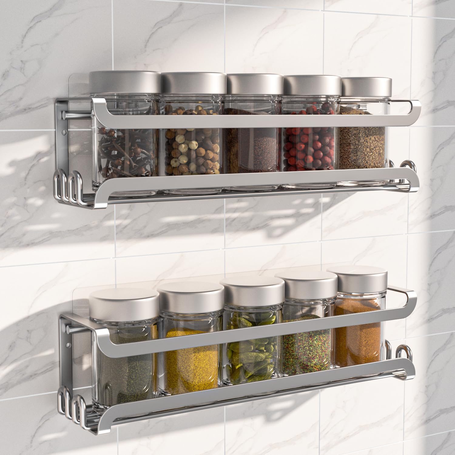 LUCYCAZ 2 Pack Wall Mounted Spice Rack with 8 Hooks, Spice Organizer Shelf for Stove Cabinet Pantry Door,Screw or Adhesive Spice Shelf Hanging Wall 2 PACK серебряный