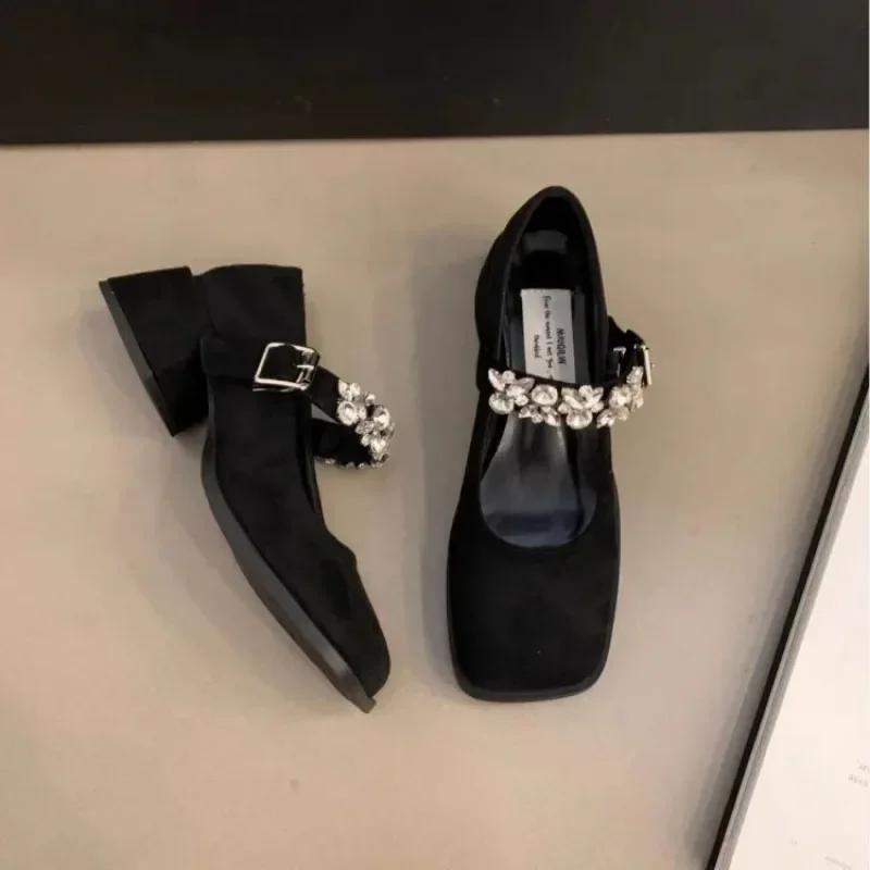 Fashion Mary Jane Leather Shoes Women Retro Thick-soled Black Shallow Mouth Rhinestones Thick Heel Single Shoes Black low-heeled shoes