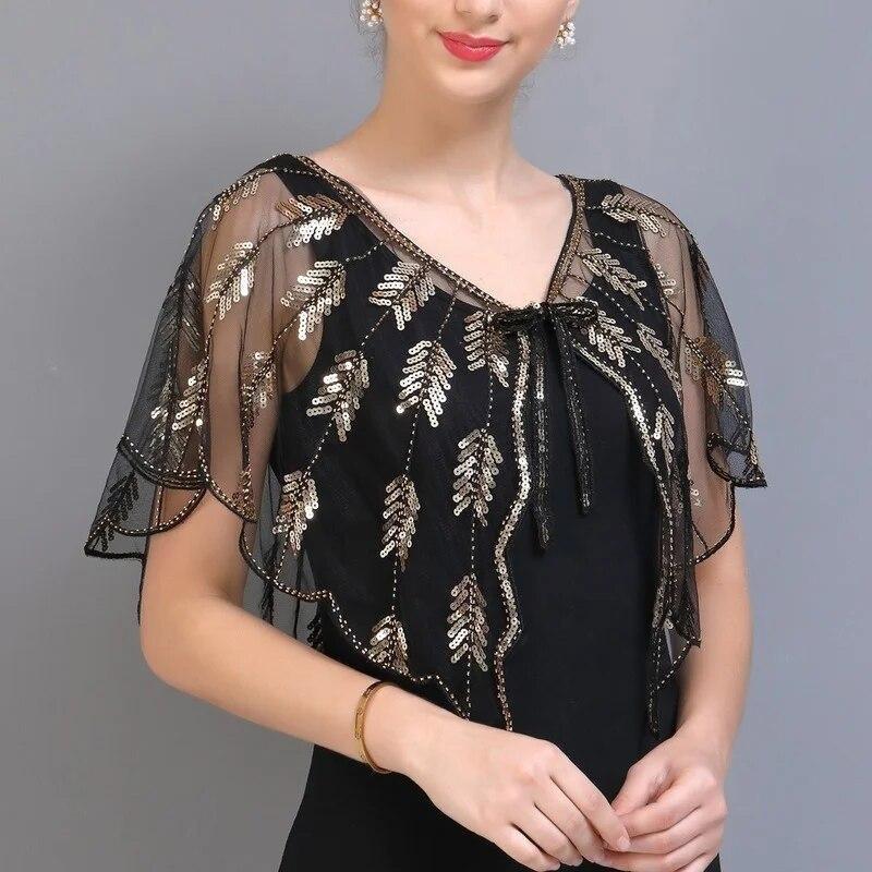 Beaded Sequin Shawl Vintage Flapper Evening Cape Sheer Mesh Embroidery Leaf  Women Bolero Party Accessories