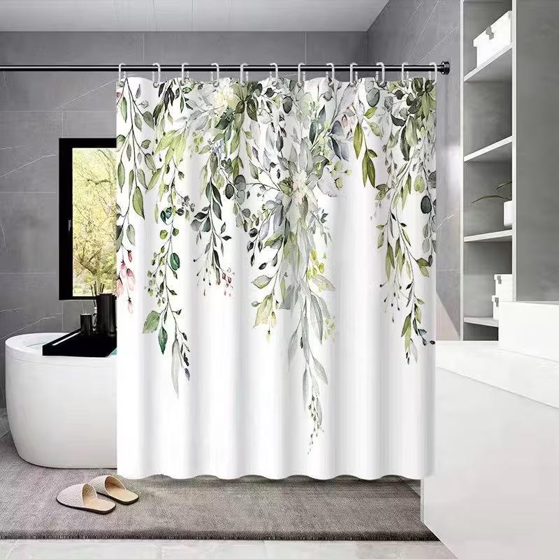 VIKAMA Nordic Fresh Leaf Shower Curtain High-Definition Printed Green Eucalyptus Leaf Bathroom Curtain Home Decor Room Divider