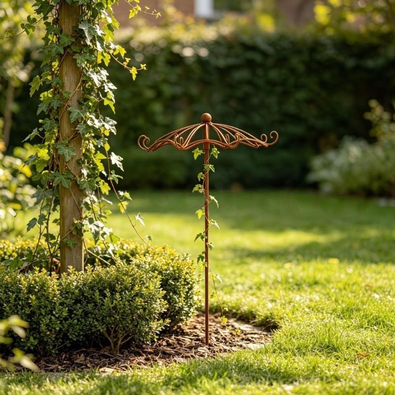 Umbrella Top Climbing Support Trellised for Potted Foliage, Metal Stake with Brown Finish for Balcony Displays, Outdoor Rows, and Small Outdoor