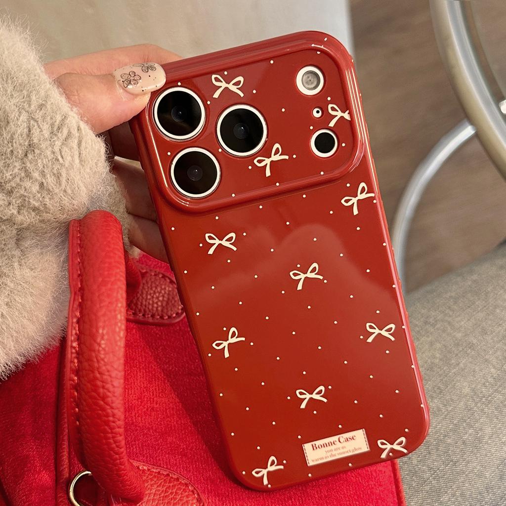 Simple Bow for Apple 17 Mobile Phone Case Iphone16promax Retro Burgundy 15 Anti-drop 13 Soft 14