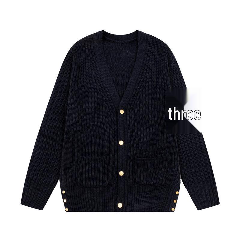 Autumn/Winter Thick V-neck Cardigan Four-Bar Knit Unisex Sweater Coat