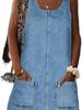 Womens Sleeveless Denim Overall Mini Dress Crew Neck Jean Dress with Pockets