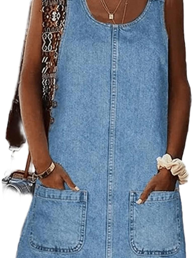 Mono de Mezclilla sin Mangas para Mujer Vestido Mini Cuello Redondo Vestido Vaquero con Bolsillos