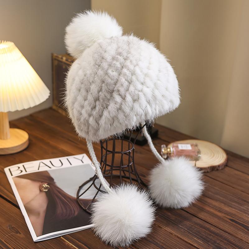 

Вязаная шапка из меха норки, утолщенная теплая меховая шапка, женская зимняя уличная индивидуальная шапка с помпоном 55-59cm