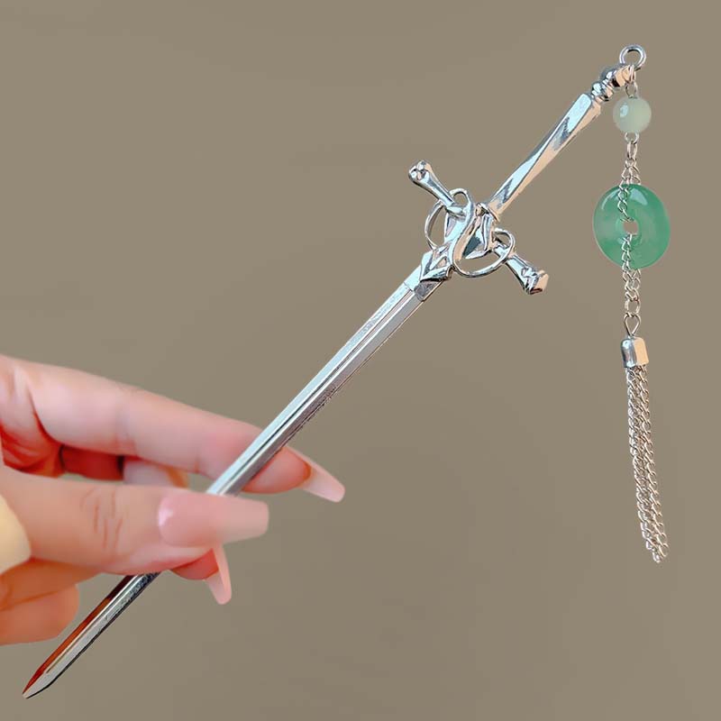 2025 New Chinese Style Sword Hairpin for Women Punk Silver Color Metal Heart Cross Tassel Hair Sticks Hair Accessories Headdress