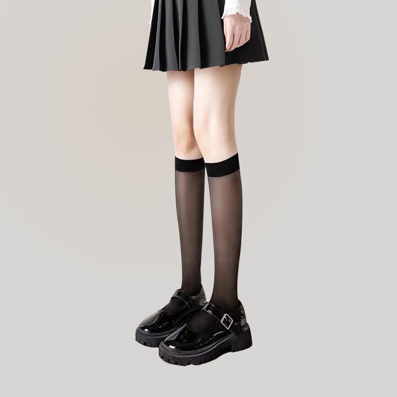Women's Summer Breathable Mid-Calf Black Socks: JK Style Thigh-High & Over-Knee Options