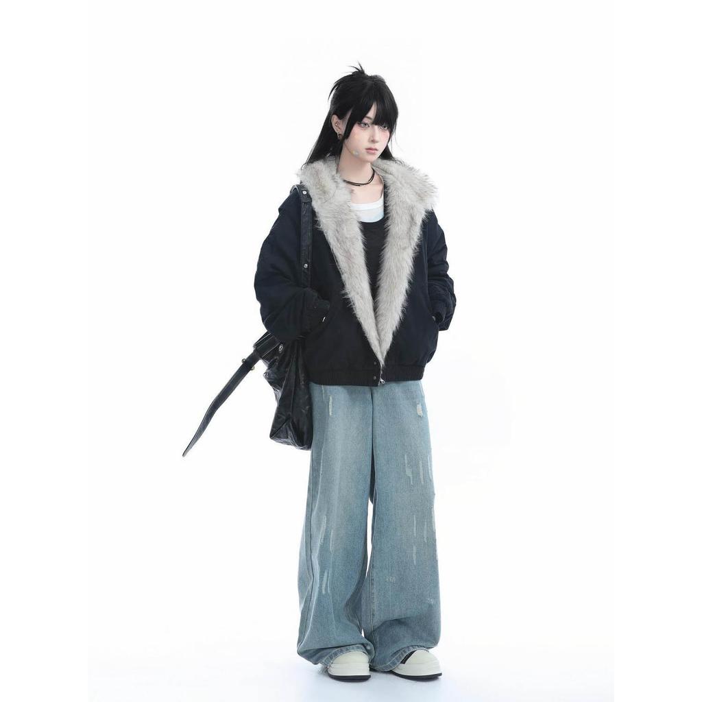 Vintage Damen Street Letter Langarm Kapuzenpullover mit Fellkragen Reißverschluss Y2K Retro Jacke Harajuku Punk Mode Frühling