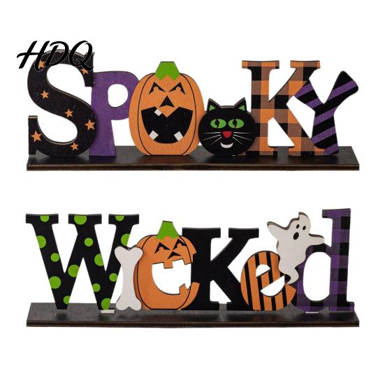 Creative Photography Props Halloween Wooden Table Sign Spooky Wicked Tiered Tray Decor Pumpkin Black Office Desk Festive Ornaments Cat Ghost Design,