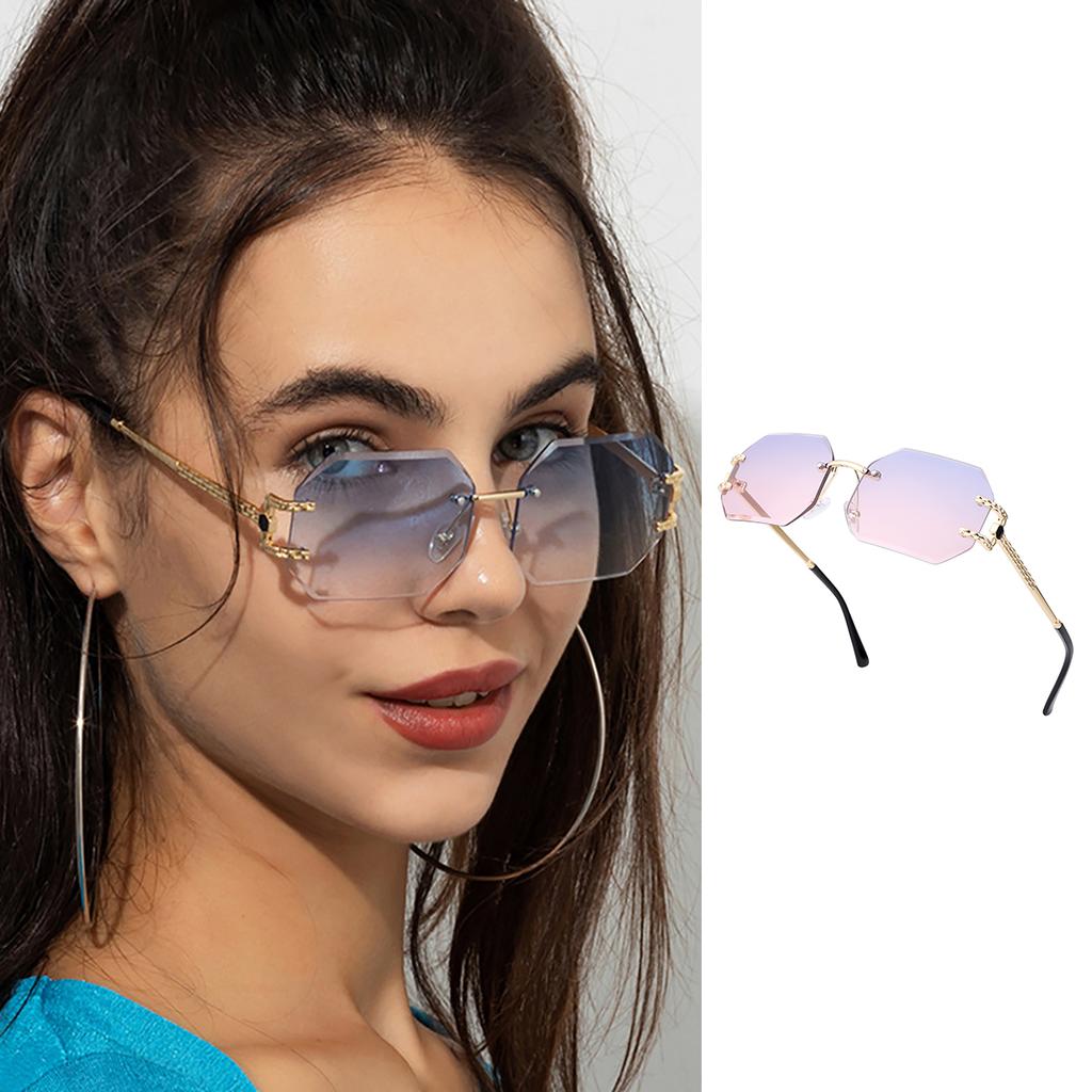 Fashion Sunglasses for Women Men- Octagon Frameless Sun Glasses Black Shade Polygon Tinted Eyewear