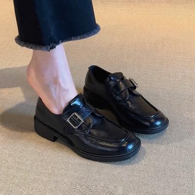 Sheepskin Version~ Square Head Belt Buckle Small Leather Shoes Women's 2025 Thick Heel Fashion Loafers Lazy Versatile Single Shoes