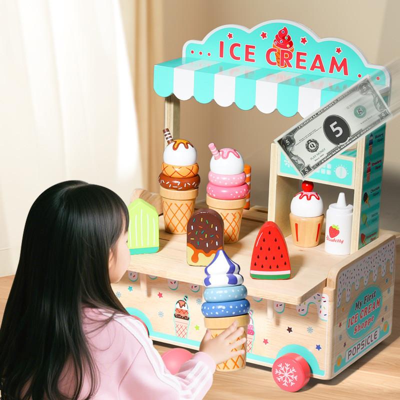Wooden Simulation Ice Cream Cart Children Role Playing Toy Set For Imaginative Play And Parent Child Interaction