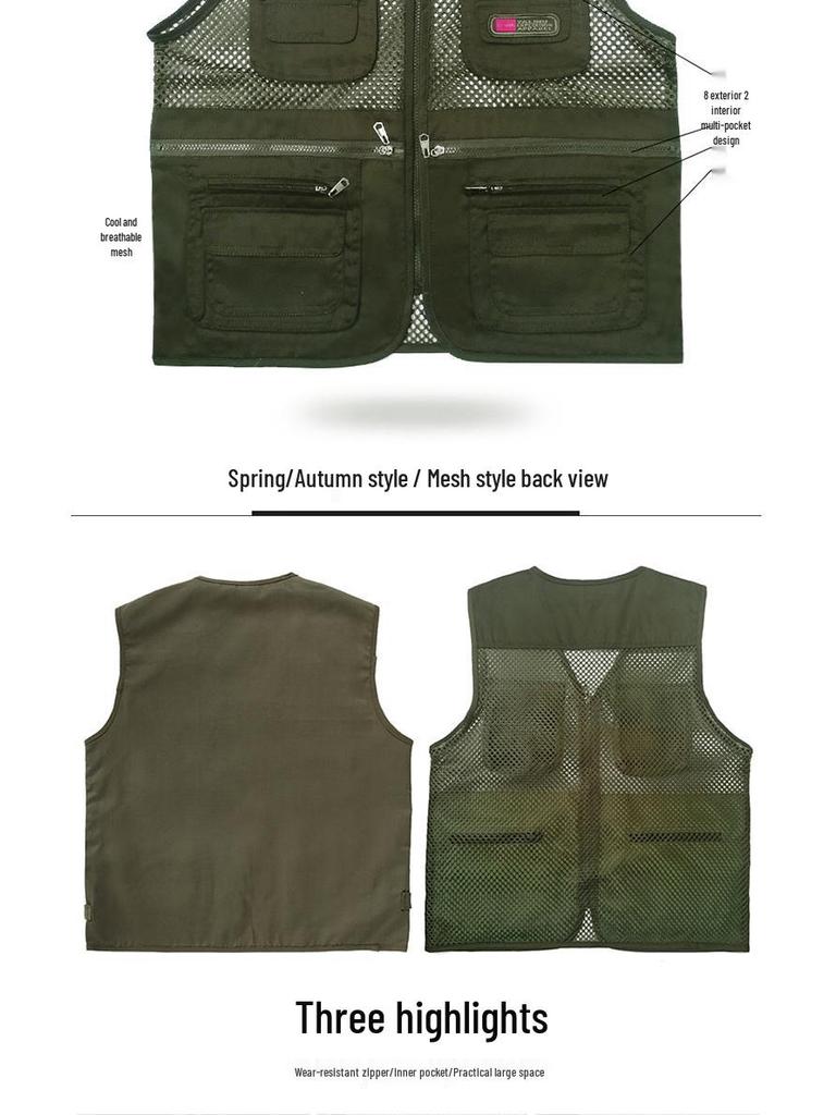 Men’s Multi-Pocket Mesh Vest for Middle-Aged Fishing and Outdoor Activities - Ideal for Spring, Summer, and Autumn