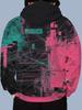 Men's Fashion Long-Sleeve Hoodie, Trendy Printed Sport Sweatshirt with Black, Pink, and Green Abstract Geometric Line Art. Soft, Comfortable, and