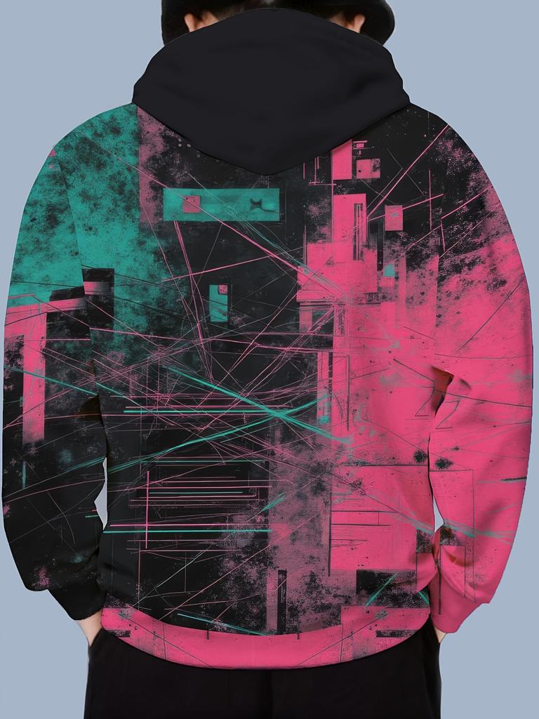 Men's Fashion Long-Sleeve Hoodie, Trendy Printed Sport Sweatshirt with Black, Pink, and Green Abstract Geometric Line Art. Soft, Comfortable, and