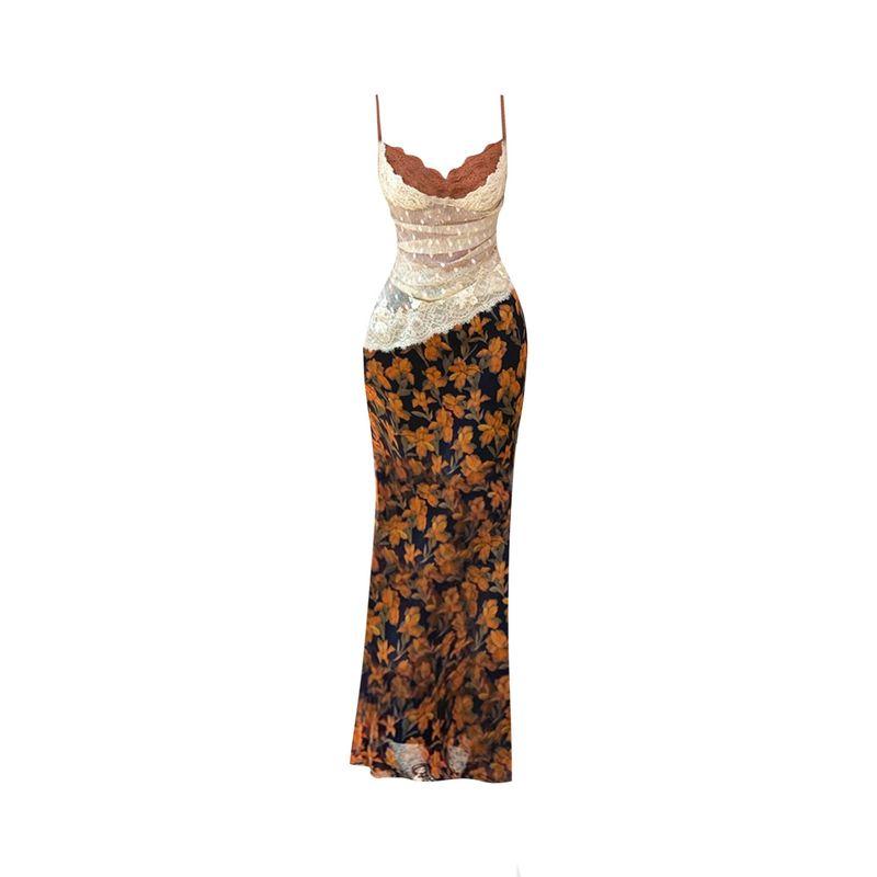 Gaositong French Retro Lace Splicing Suspender Dress for Women Spring and Summer 2026 Slim Floral Holiday Dress Dress S