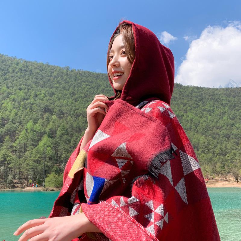 Travel Scarf Dual-purpose Fringed Edge Summer Air-conditioned Room with Hat Cloak Triangular Combination Imitation Cashmere Shawl