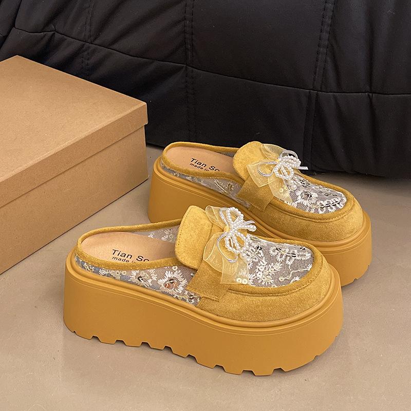 Temperament celebrity half slippers mesh yarn breathable bag head drag summer new wear Mary Jane shoes platform heightening sandals