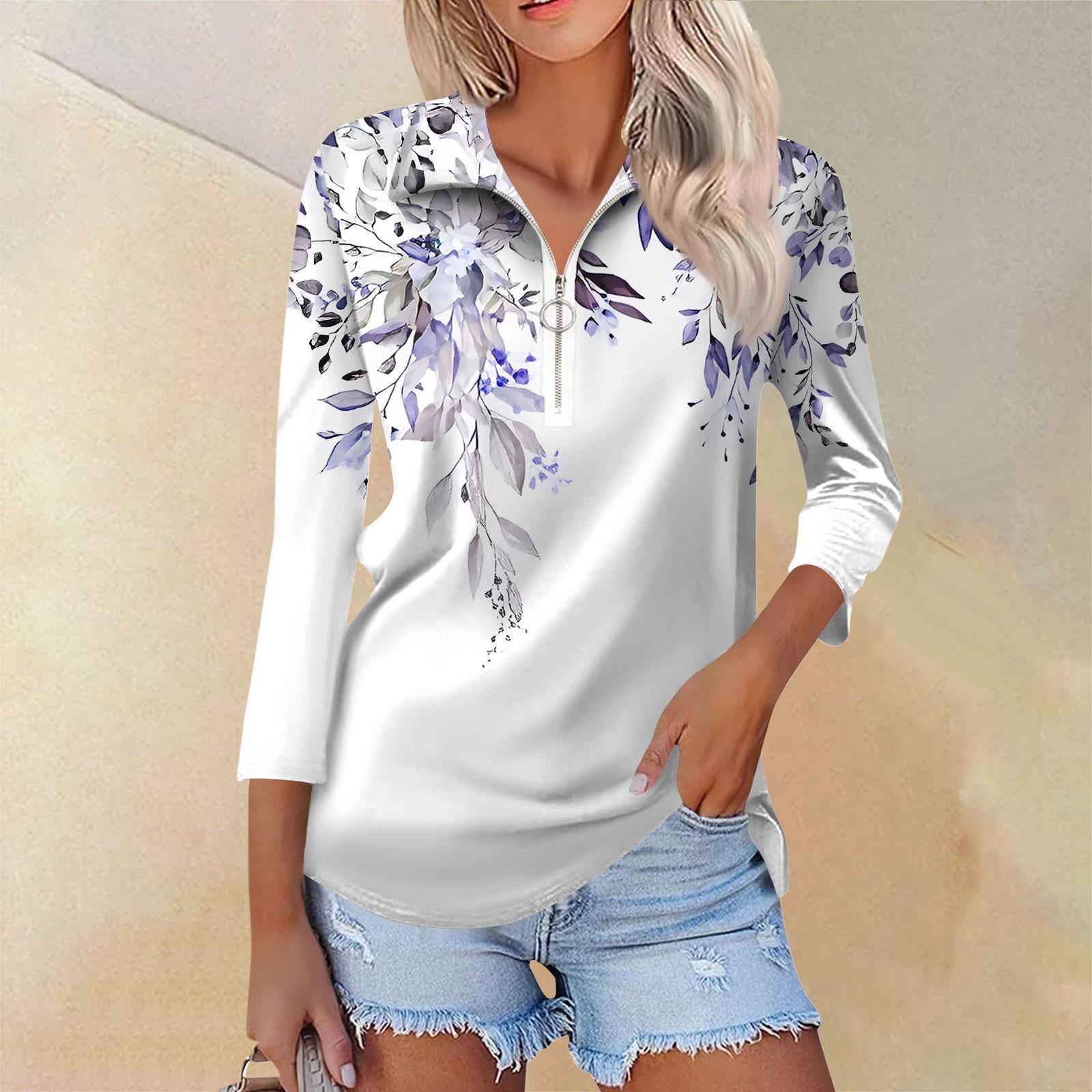 

Женская летняя модная повседневная рубашка с v-образным вырезом и семиточечным рукавом с принтом, топ XXL фиолетовый