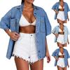 Women's Short Sleeve Denim Shirt Blue Loose Fit Lapel Collar Casual Cardigan Top