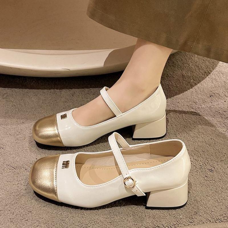 

Temperament Mary Jane shoes women s new autumn with skirt thick heel retro one-word strap single shoes 40 бежевый