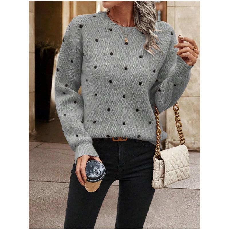 Autumn and Winter Fashion New Women's Elegant and Sexy Warm Round Neck Knitted Pullover Long Sleeved Polka Dot Sweater