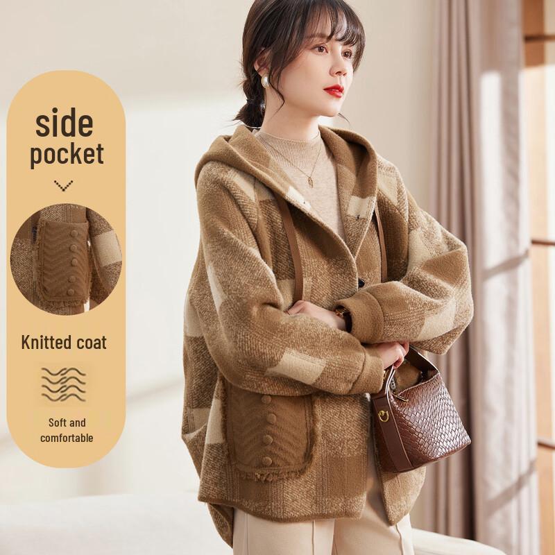 

XiHui Women s Hooded Plaid Knit Cardigan Coat XL