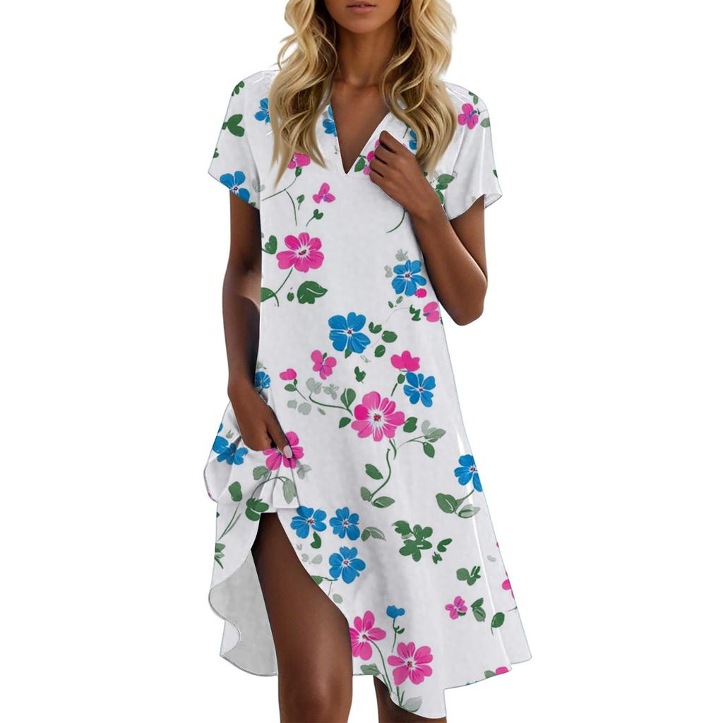 Women's Casual Fashion Stand Collar Floral Print Short Sleeve Dress