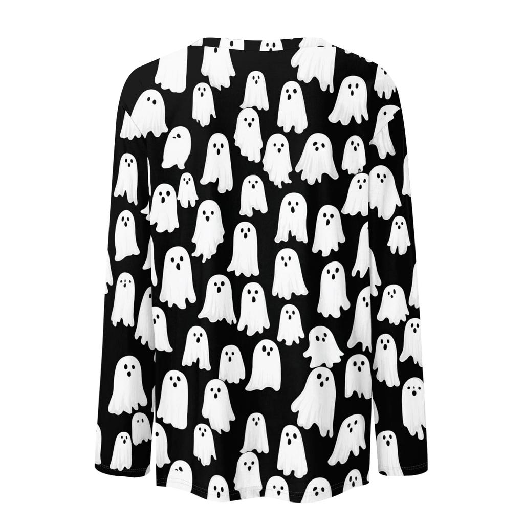 Women's Long Sleeve Casual Pullover Sweatshirt Halloween Ghost Pattern Round Neck Top Lightweight Comfortable Fit