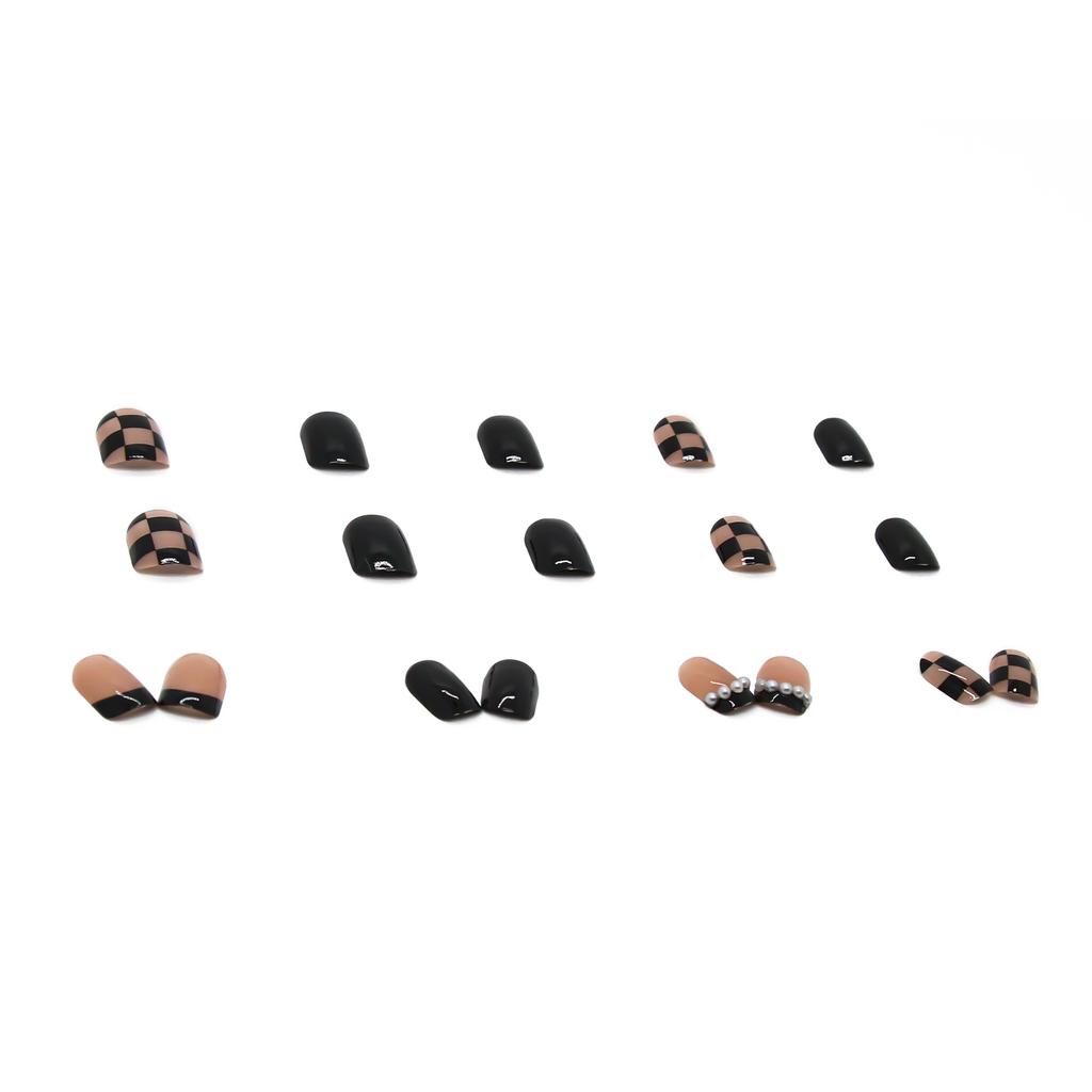Wearable nail Wearable nail sticker Black French pearl checkerboard nail art False nail Finished nail sticker