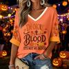 Women's Casual V-Neck Three-Quarter Sleeve Top with Halloween Print for Holiday Parties