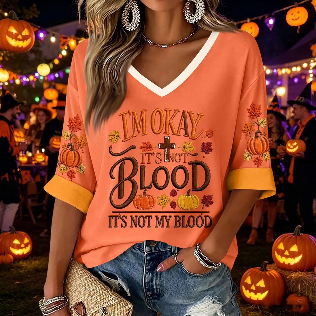 Women's Casual V-Neck Three-Quarter Sleeve Top with Halloween Print for Holiday Parties