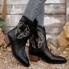 PU Embroidered Boots Women Pointed Toe Square Heel Autumn Winter Ankle Boots Leather Handmade Mid-Calf Western Boots 36-43