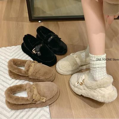 Women's Shoes 2024 Suede Round Toe Casual Flat Shoes Winter Solid Slip-On Rubber Belt Buckle Loafers Zapatos De Mujer