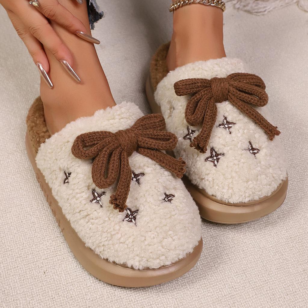 Fashion Sweet Bowknot Furry Comfort Indoor Slippers Women 2025 Winter Soft Non Slip Eva Slippers with Platform Warm Fluffy Fur Shoes