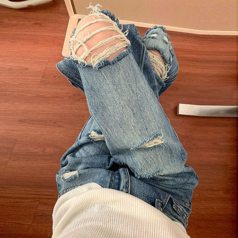 Comfortable Wide-leg Large Yards Hole Broken Jeans Women Autumn Pear Shaped Body Loose Skinny Straight Trousers Jeans for Women Long Denim Pants