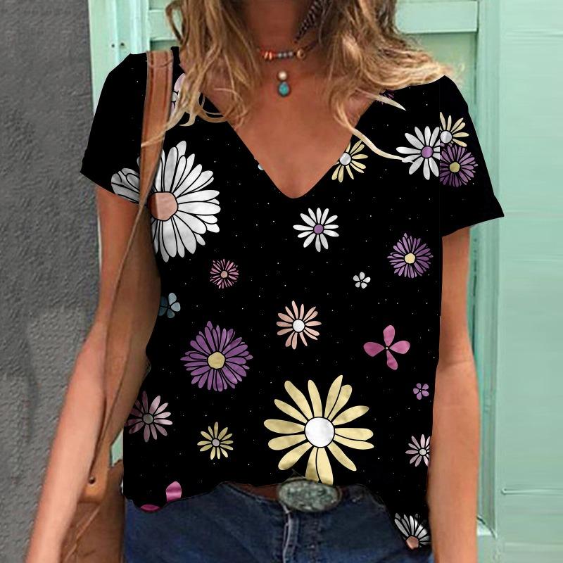 Summer Butterfly Flower Plant 3D Printed Short Sleeve V-neck Casual Short Sleeve T-shirt
