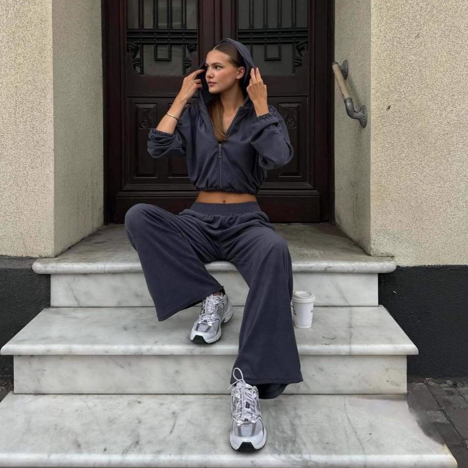 Autumn Zip-Up Hooded Crop Top & Casual Long Pants Set - Women's Sports Style