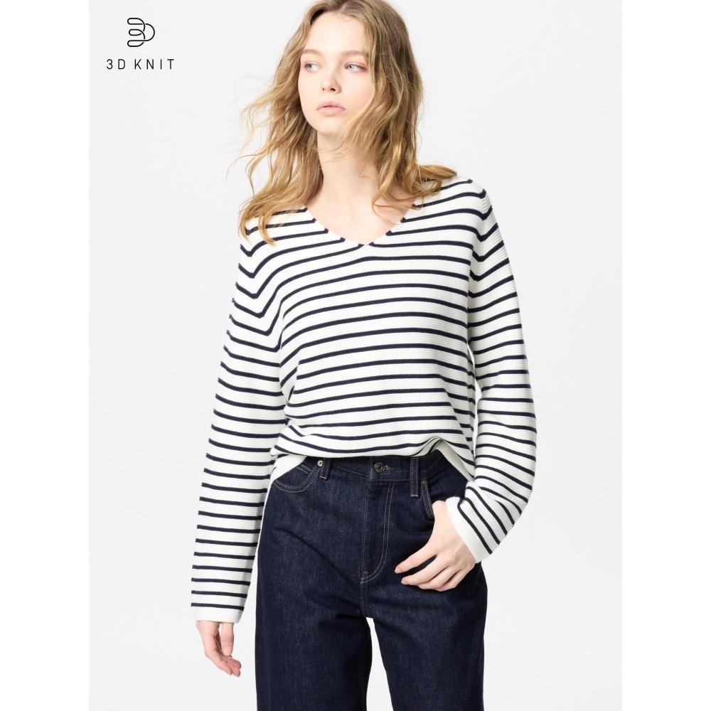 

Uniqlo 3D Knit Cotton Свободный свитер с V-образным вырезом в полоску 01 OFF WHITE/WOMEN XS