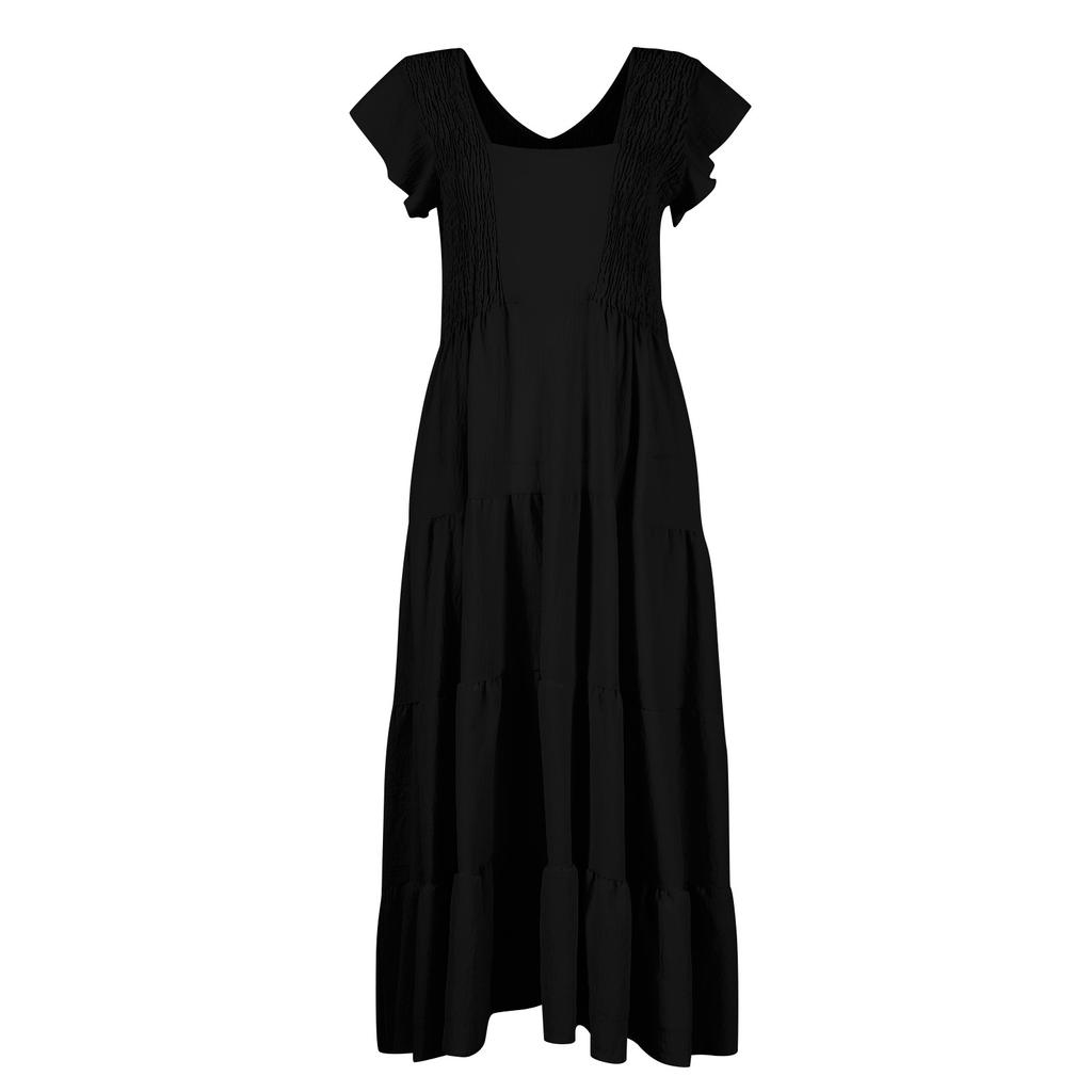 Rochii casual de damă, rochie midi fluidă cu mâneci scurte cu decolteu în V Rochie maxi de vară cu mâneci scurte cu decolteu în V pentru femei