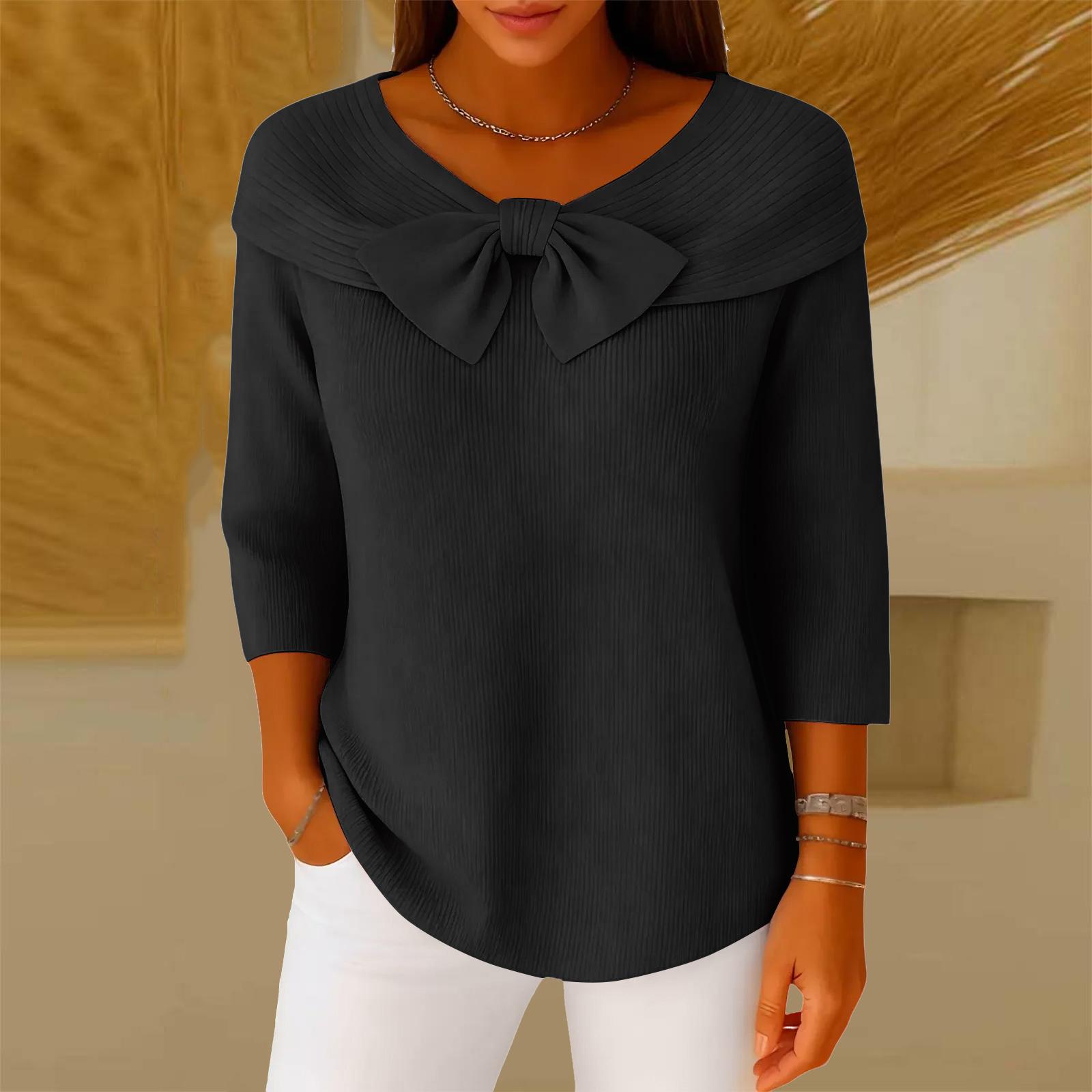 

Women s Fashionable Loose-Fit Bow-Detail Knit Jumper Solid-Colour Casual Sweater S чорний