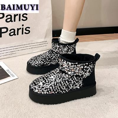 Stivaletti da Neve alla Caviglia con Zeppa Bling da Donna Scarpe Calde in Peluche Corto Inverno 2025 Nuovi Flats Casual Scarpe Sportive Trend Chelsea Botas Mujer