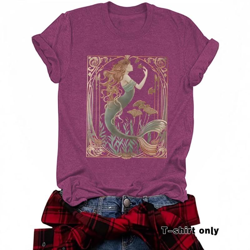 

Women s Summer Casual T-shirt Mermaid Pattern Round Neck Short Sleeve Top XXL красный/фиолетовый