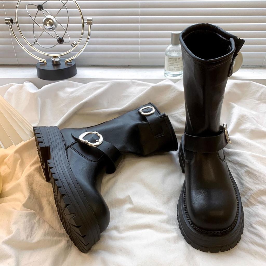 Spring Autumn Round Toe Leather Platform Women's Half High Boots Fashion 2025 Trend Hot Demi-season New in Ladies Mid Calf Shoes