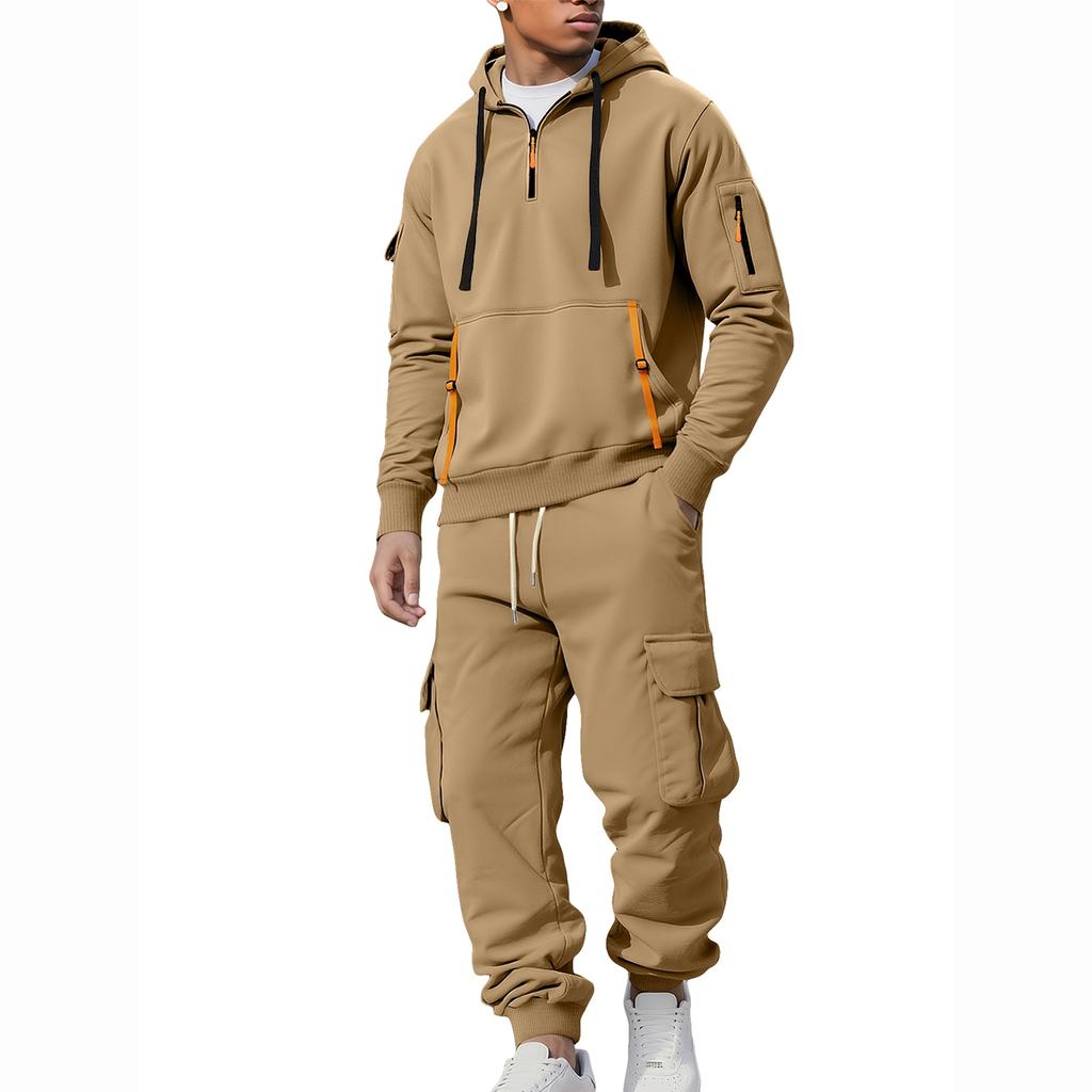 Men's Zip Hoodie Sweatshirt and Multi-Pocket Work Pants Casual Outfit Set