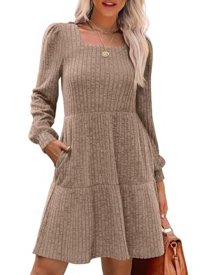Women's Square Neck Long Sleeve Autumn Casual Dress Knit Sweater Dress