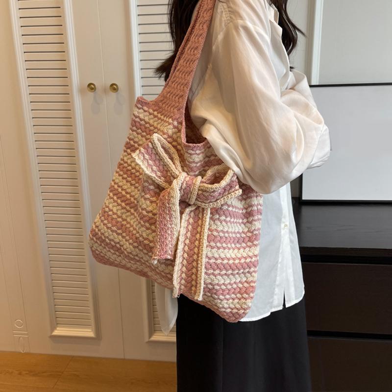 Nova Bolsa de Crochê Listrada com Laço Grande Capacidade Casual Bolsa de Ombro Tecida Multicolorida Bolsa de Tricô Feita à Mão