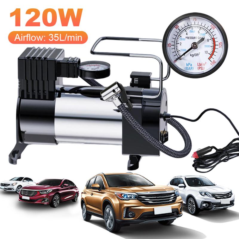 12V Electric Tire Inflator with Pressure Gauge Car Tire Pump Mini Air Compressor Heavy Duty Deluxe Portable Metal Air Compressor