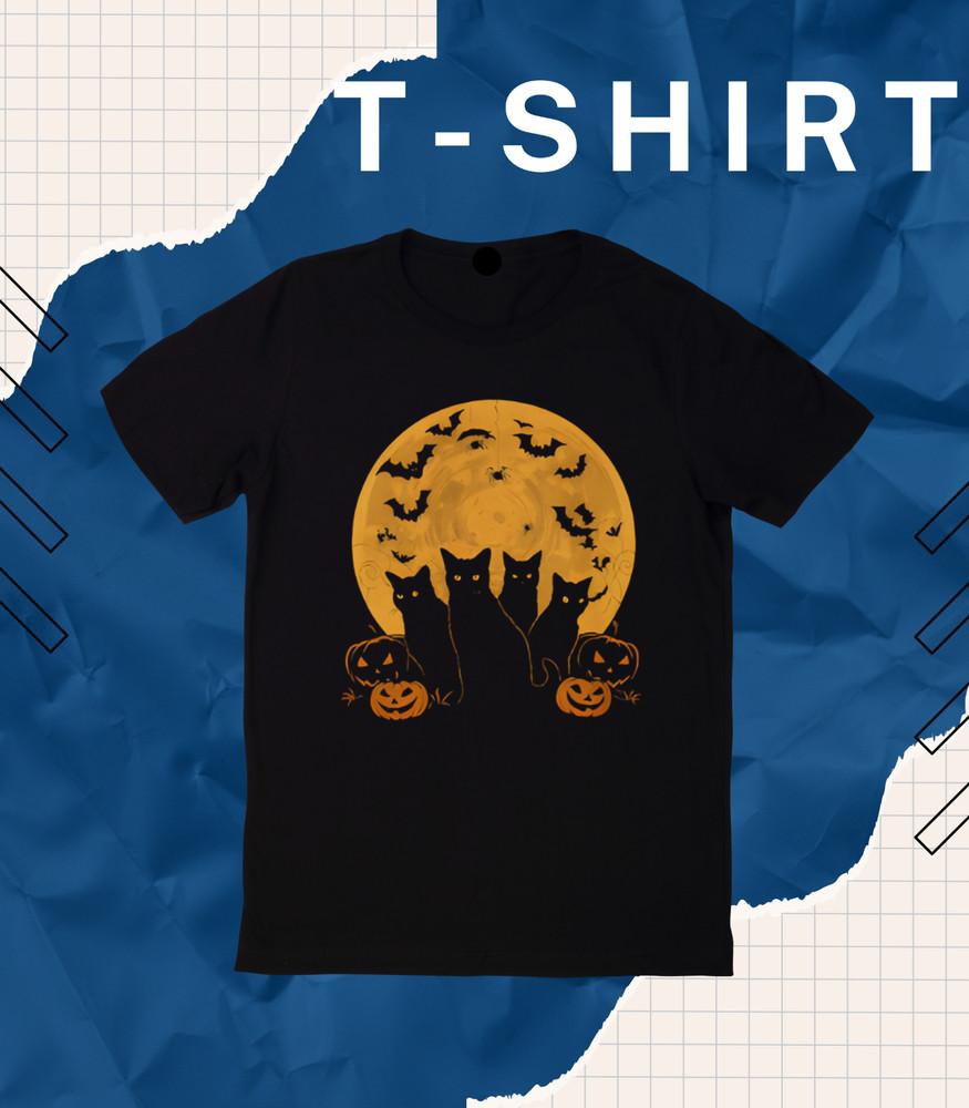 

Black Cat Halloween T-Shirt | Spooky Moon Pumpkin Bats Gothic Graphic Hallo. L